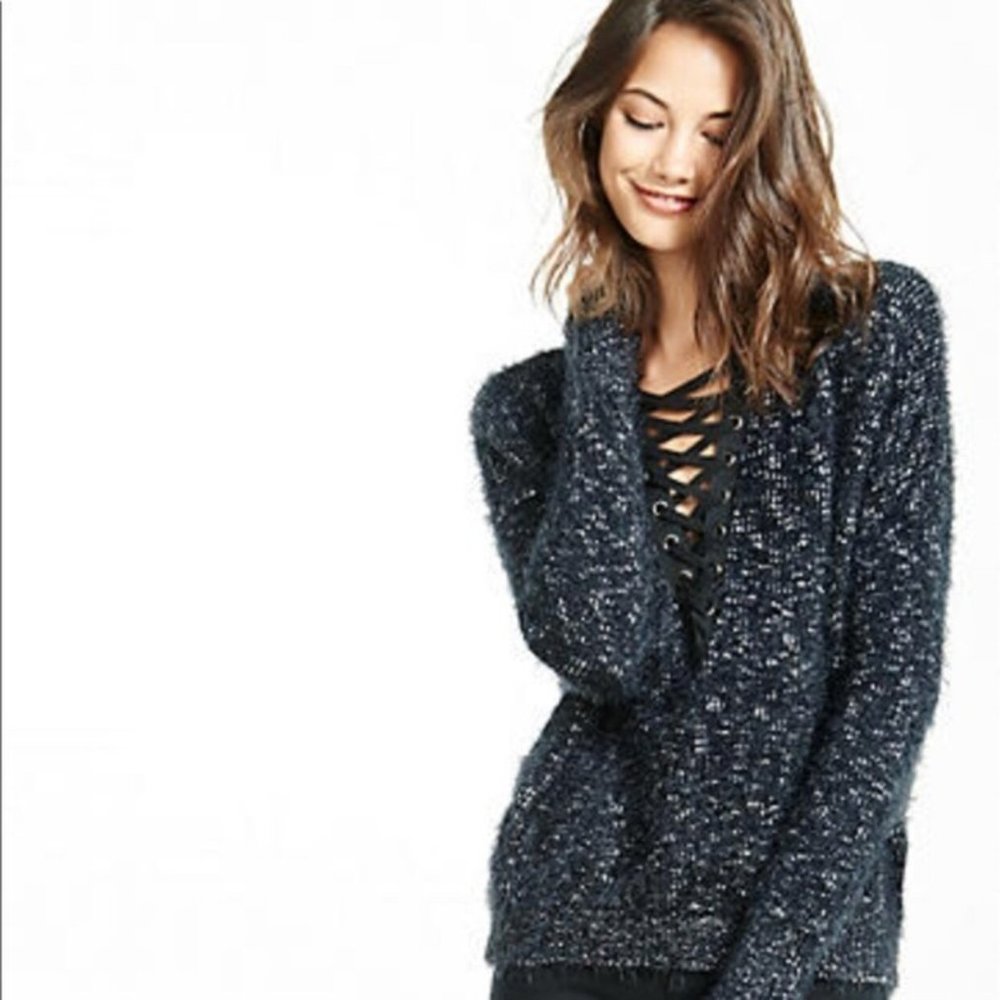 Express Black Fuzzy Lace Up Sweater
